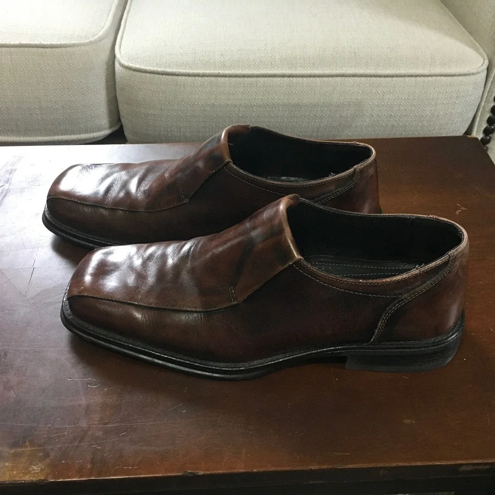 Stephan Bossi Mens Sz 10 Brown Leather Square Toe Slip On Loafers Dress Shoes